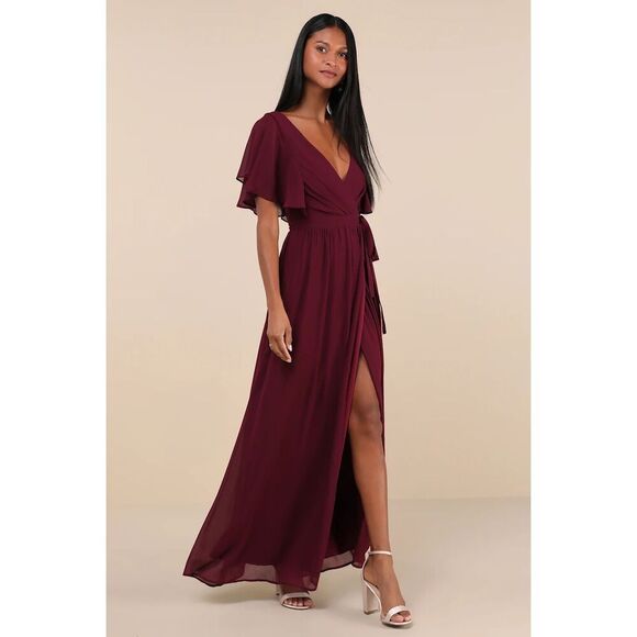 Lulus Convincing Grace Burgundy Flutter Sleeve Wrap Maxi Dress Size XL NWT - Picture 3 of 9